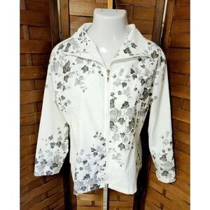 Clara S. Size XL Long Sleeve Zip Wide Collar Jacket White Black Leaf Design